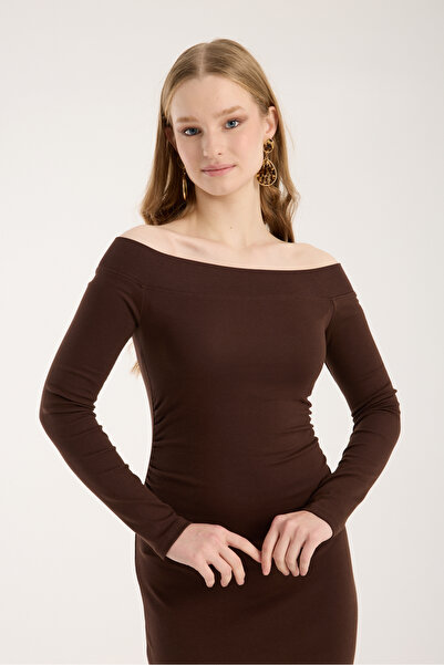 Kallisto Coffee Shoulder Cut-Out Waist Draped Side Slit Long Dress