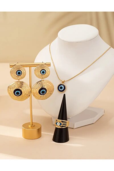 İMREN AKSESUAR Gold Plated Floral Evil Eye Beaded Necklace Earrings Ring Set Gift for Lover Gift for Mother