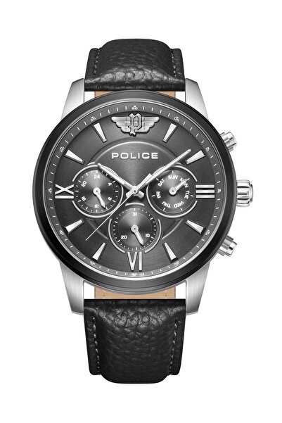 Police ساعة أفونديل لي كول كرونوغراف للرجال بمينا رمادي وجلد طبيعي أسود