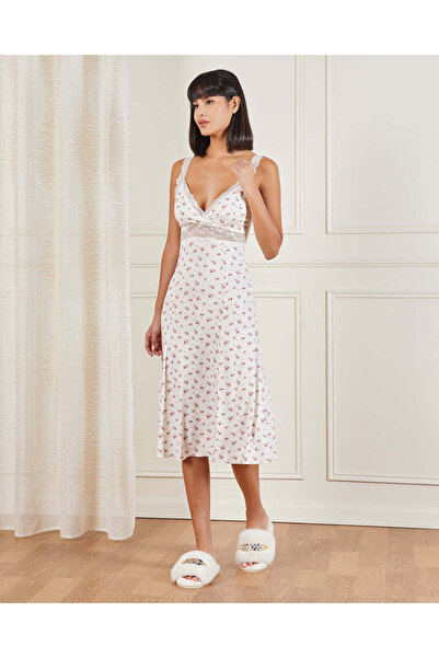 REDTAG Women White Print Lace Long Chemise