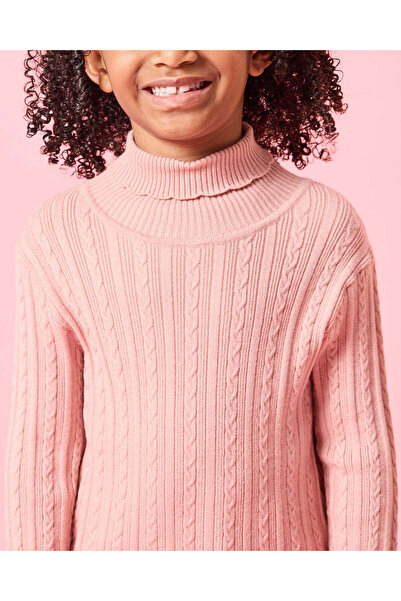 REDTAG Girls Pink Turtle Neck Cable Knitted Pullover