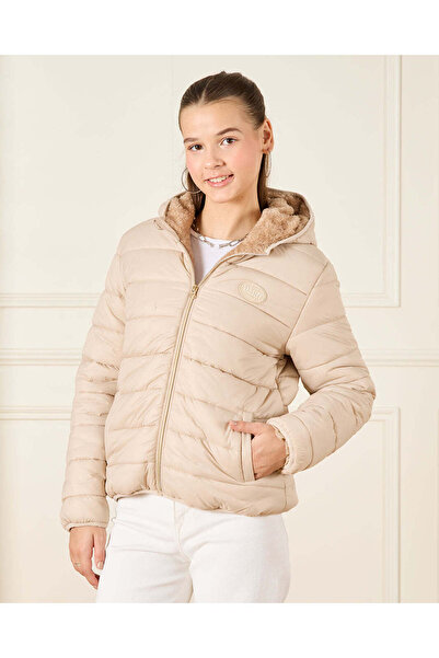 REDTAG Senior Girls Beige Hooded Padded Jacket With Fur Lining