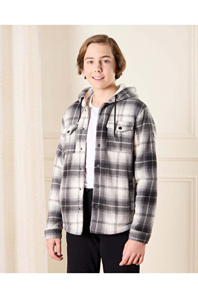 REDTAG Senior Boys Black And White Hooded Shacket