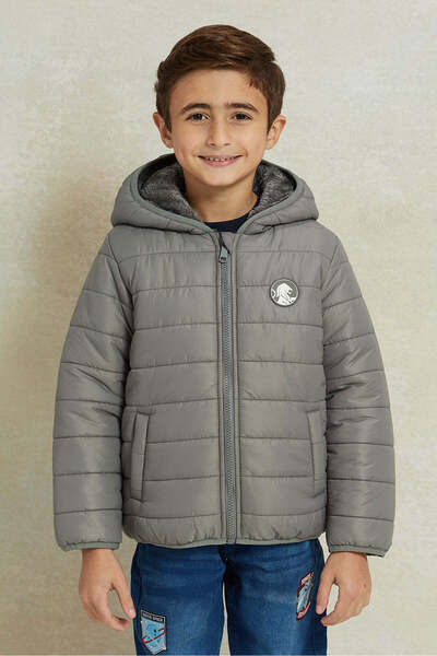 REDTAG Boys Charcoal Puffer Jacket With Sherpa Lining
