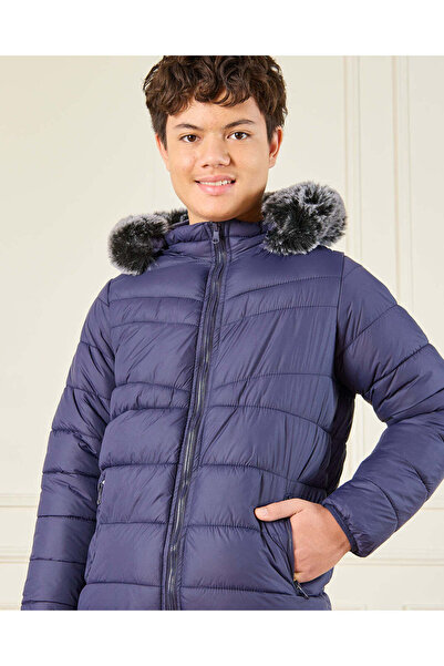 REDTAG Senior Boys Blue Padded Fur Hooded Jacket