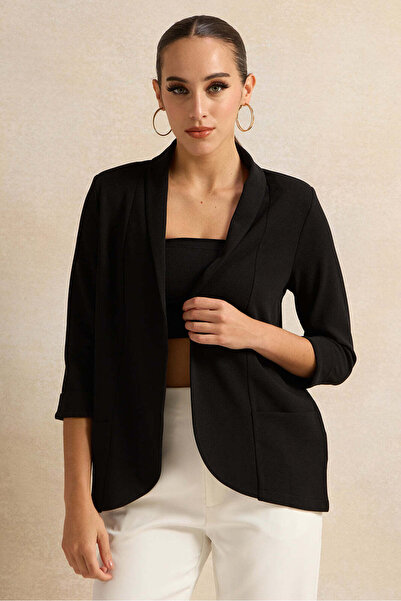 REDTAG Women Black Rolled Sleeve Round Blazer