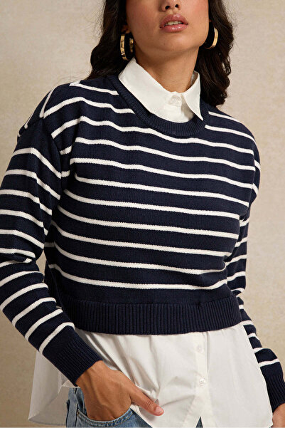 REDTAG Women Black And White Striped With Solid Woven Twofer