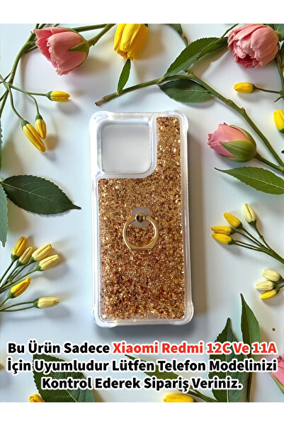 Merwish Xiaomi Redmi 12C and 11A Compatible Shiny Silicone Case with Water Glitter and Ring Stand Gold