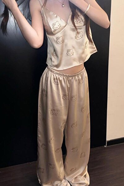 Karakedi Hello Kitty Beige Suspender Long Pants 2-Piece Pajama Set