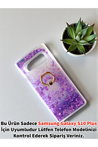 Merwish Samsung Galaxy S10 Plus Compatible Shiny Silicone Case with Water Glitter and Ring Stand Purple