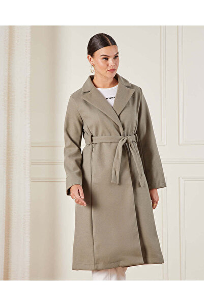 REDTAG Women Taupe Belted Melton Coat