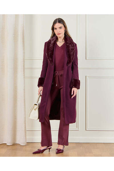 REDTAG Women Burgundy Faux Fur Belted Long Coat
