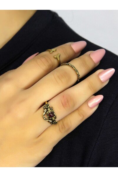 esha Natural Stone 3-Piece Garnet (Ruby) Natural Stone Antique Model Women's Adjustable Ring Set Euy86