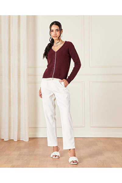 REDTAG Women Burgundy Knitted Top With Ivory Contrast Piping Detail