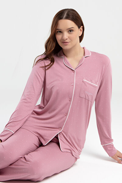 Pierre Cardin Long Sleeve Shirt Collar Pocket Detail Buttoned Viscose Pajama Set Thcl86Pc