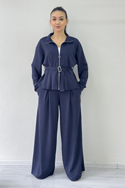 the ZKS Women's Zippered Belt Detail Wide Leg Modal Two-Piece Set Black, Navy Blue, Brown, Burgundy, Gray