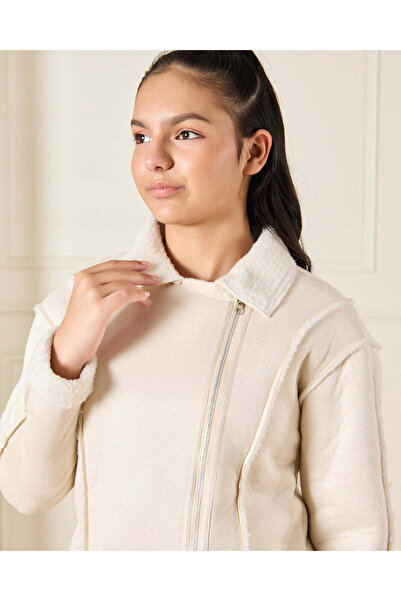 REDTAG Senior Girls Beige Suede Biker Jacket With Sherpa Lining