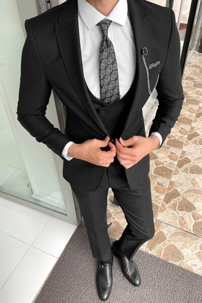 Biçeq Collection Men's Vested Sports Slim Fit Suit_Black