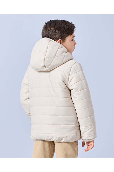 REDTAG Boys Beige Hooded Puffer Sherpa Lined Jacket