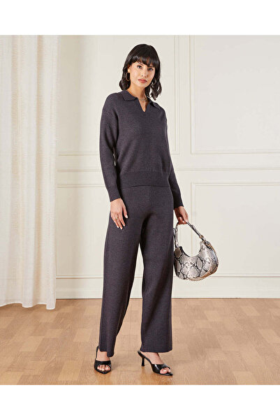 REDTAG Women Grey Long Sleeve Knitted Polo Collar Pullover