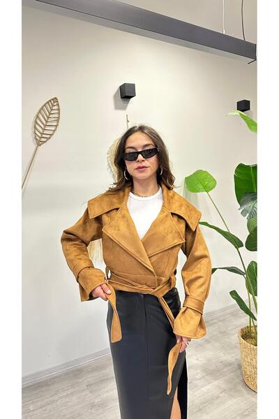 modadagiyim Women's Double-Breasted Collared Belted Short Trench Coat