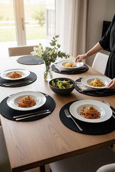 ANJEAHOME Narva 6-Piece Black Supla |   American Service Lux Presentation Plate Coaster 32X32 cm |   Stylish Tableware Decoration