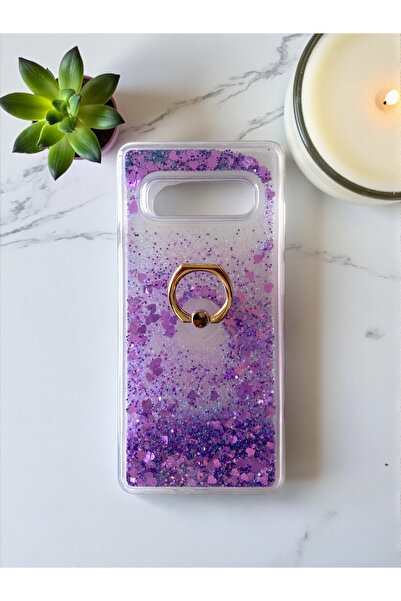 Merwish Samsung Galaxy S10 Plus Compatible Shiny Silicone Case with Water Glitter and Ring Stand Purple