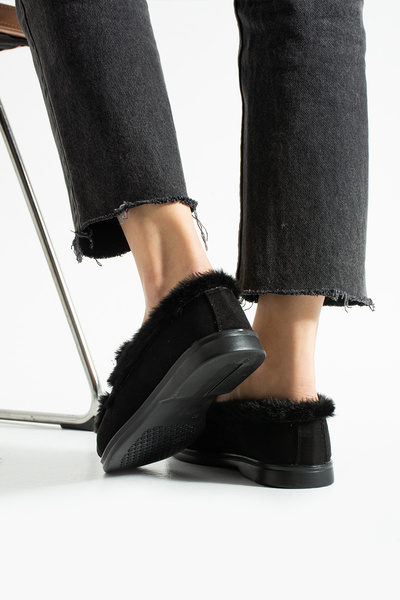 Moda Devrin Black Winter Plush Loafer Ballet Shoes (Anti-Slip)