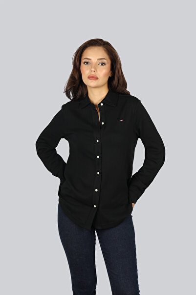 Tommy Hilfiger Kadın Bayrak Logo İşlemeli Havlu Kumaş Uzun Kollu Siyah Gömlek...
