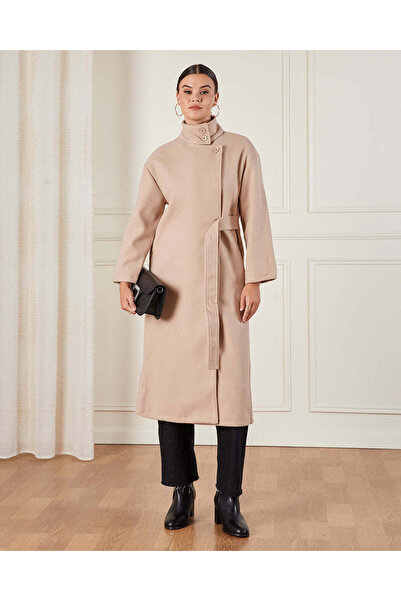 REDTAG Women Beige Long Length Belted Melton Coat