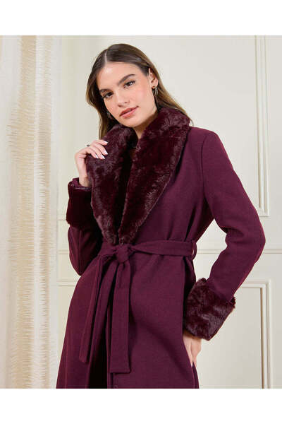 REDTAG Women Burgundy Faux Fur Belted Long Coat
