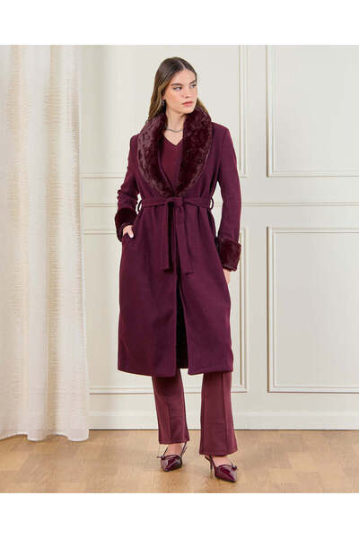 REDTAG Women Burgundy Faux Fur Belted Long Coat