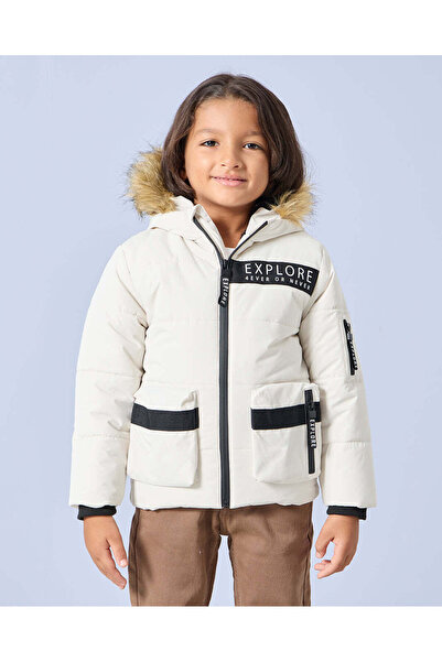 REDTAG Boys Cream Fur Lined Hooded Parka Jacket