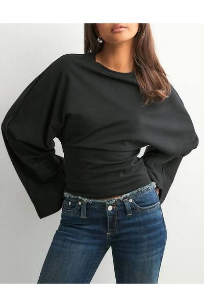 Boutiquality بلوزة طويلة بأكمام واسعة من قماش دالجيت