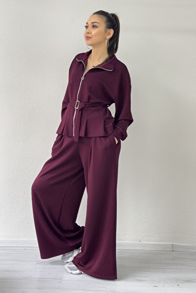 the ZKS Women's Zippered Belt Detail Wide Leg Modal Two-Piece Set Black, Navy Blue, Brown, Burgundy, Gray