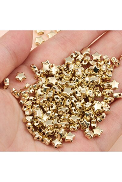 FlowerAksesuar 100 Adet - Yıldız Ara Boncuk, Bileklik Ara Boncuk, Takı Boncuğu, Metalize Ara, Gold