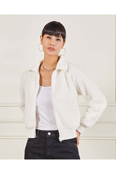 REDTAG Women Ivory Zip Front Fur Jacket – Turtle Neck, Long Sleeve