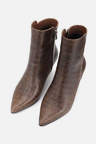 TUNAELLİ Women's Brown Crocodile Pattern Genuine Leather Size 35-41 Thin Heel Pointed Toe Boots & Booties