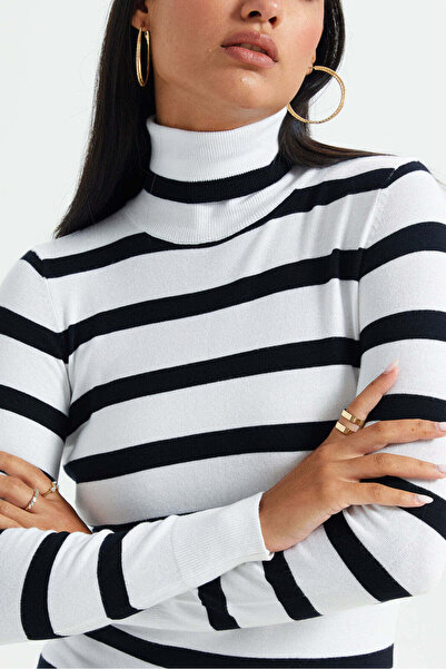 REDTAG Women White With Black Stripes Turtle Neck Pullover