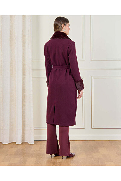 REDTAG Women Burgundy Faux Fur Belted Long Coat