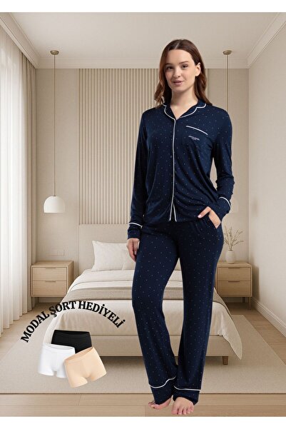 Pierre Cardin Long Sleeve Shirt Collar Pocket Detail Buttoned Viscose Pajama Set Thcl86Pc