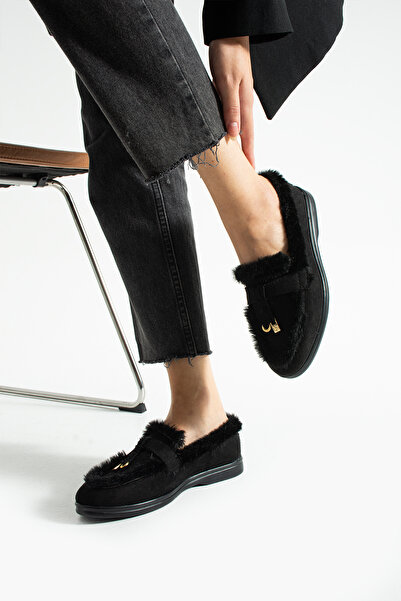 Moda Devrin Black Winter Plush Loafer Ballet Shoes (Anti-Slip)