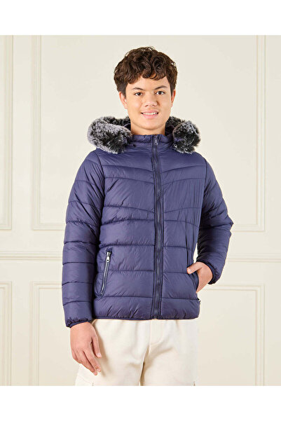 REDTAG Senior Boys Blue Padded Fur Hooded Jacket