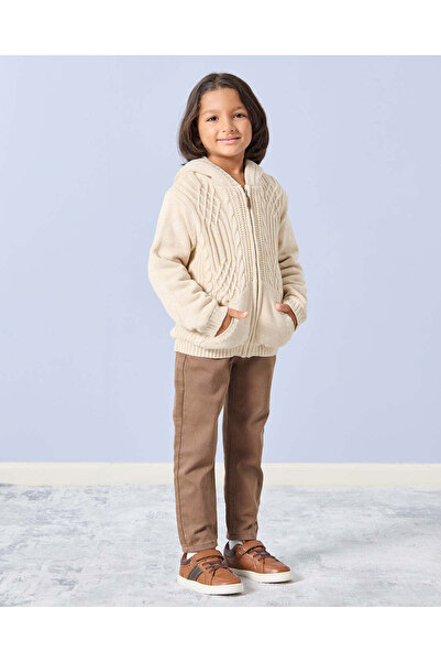 REDTAG Boys Beige Zip Thru Fur Lining Hooded Cardigan