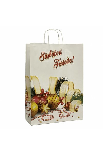 MSG PACKAGING Set 50 Pungi cadou hartie, Sacosa cadou hartie, 32x12x41 cm, model CRACIUN GLOBURI
