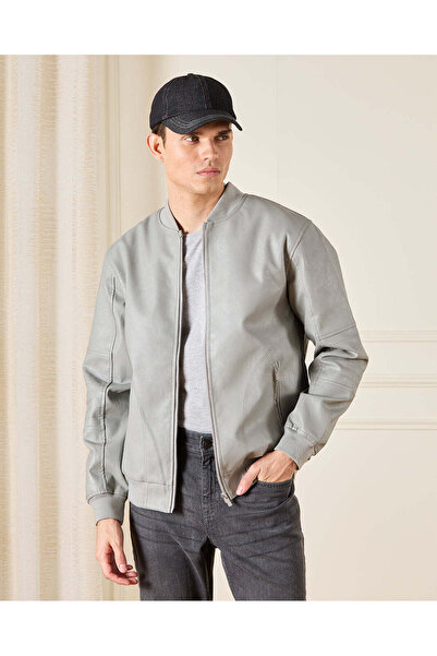 REDTAG Men Grey Bomber Jacket With Sherpa Lining