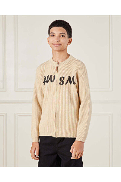 REDTAG سترة مطبوع بسحاب أمامي باللون البيج للأولاد الكبار