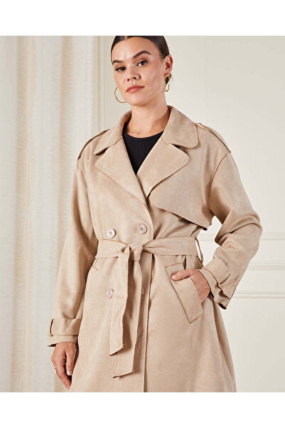 REDTAG Women Beige Belted Double Breasted Long Trench Coat