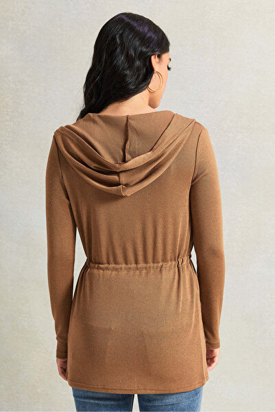 REDTAG Women Beige Waist Hooded Cardigan With Pockets