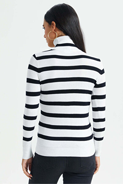 REDTAG Women White With Black Stripes Turtle Neck Pullover